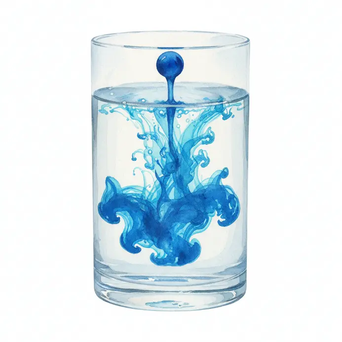 Watercolor painting of blue ink diffusing through water and showing fluid movement