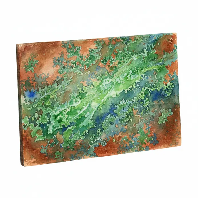 Detailed watercolor of oxidized copper with blue green corrosion and metallic value shifts