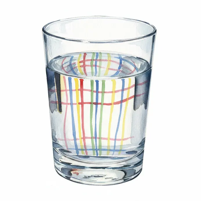 Watercolor painting of a clear glass showing transparency refraction and reflected light