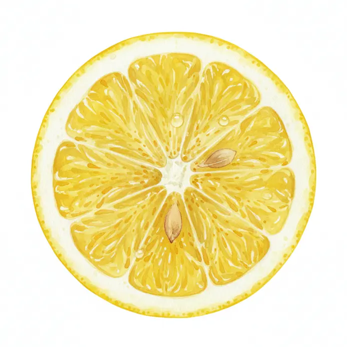Fresh lemon slice painted in watercolor with juicy interior textured peel and bright highlights