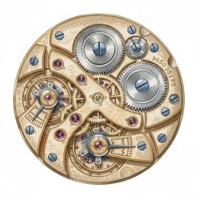 Precision watercolor painting of tiny watch gears springs and mechanical components