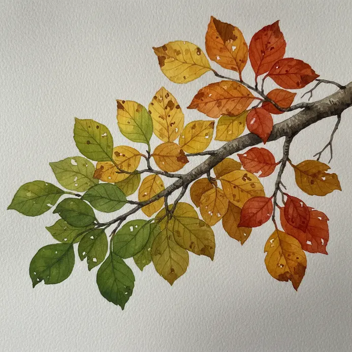 Watercolor tree transitioning from green summer foliage to warm orange autumn leaves