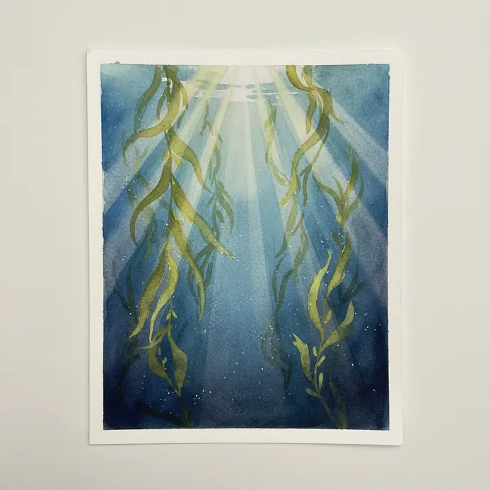Underwater watercolor scene with rays of light penetrating deep blue water