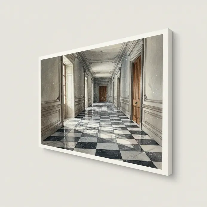 Interior architectural watercolor with deep hallway perspective tiled floor and spatial depth