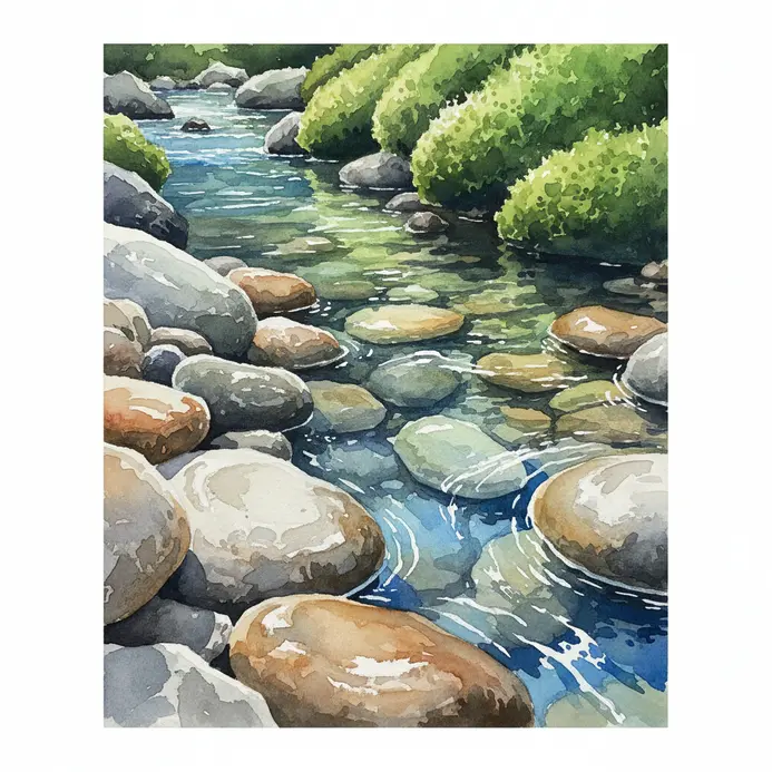 Watercolor composition of wet stones flowing water soft moss and layered natural textures