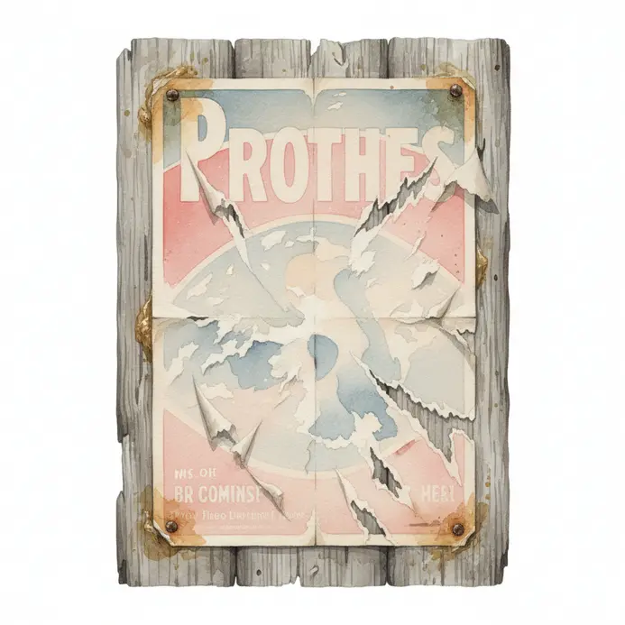 Watercolor painting documenting decay of an old paper poster adhered to weathered wood