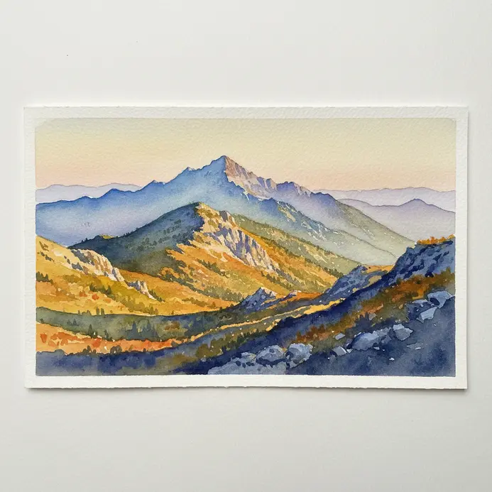 Realistic watercolor landscape of mountains in warm late afternoon light with atmospheric depth