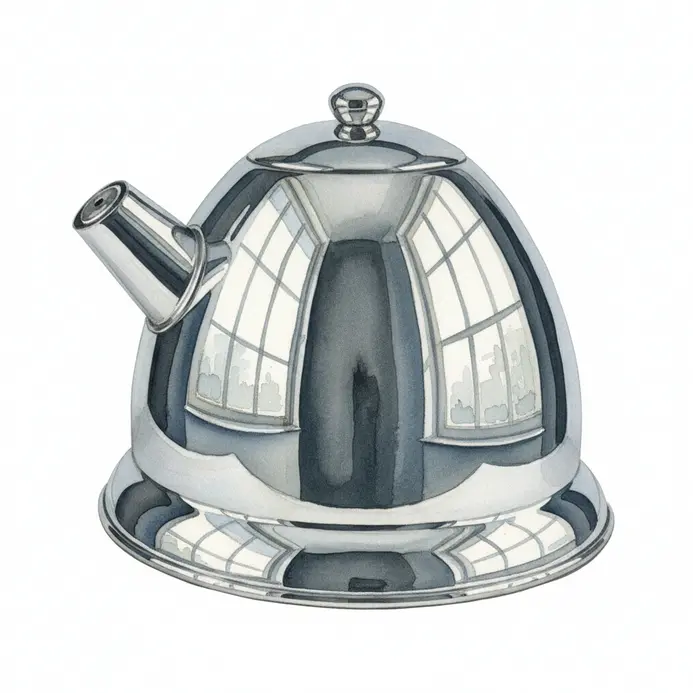 Watercolor study of a shiny metal kettle with complex reflections and reflective surface details