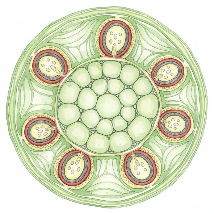Detailed watercolor illustration of plant stem cellular structure with scientific accuracy