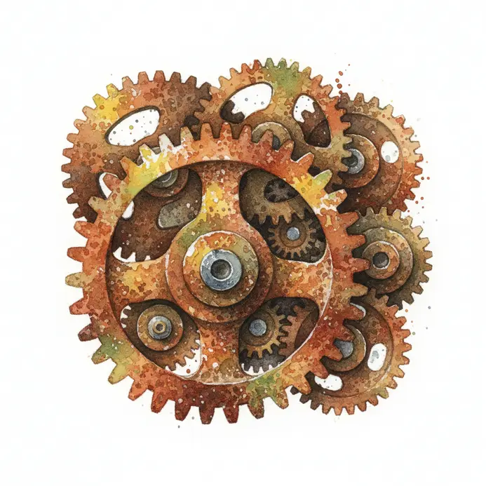 Industrial watercolor painting of rusted metal gears with gritty urban texture