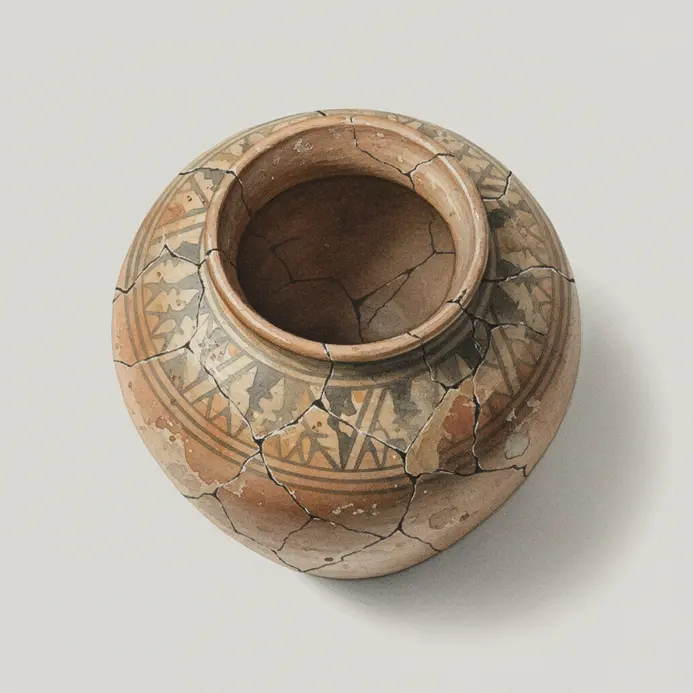 Watercolor painting of an old cracked ceramic vessel with historical wear and age marks