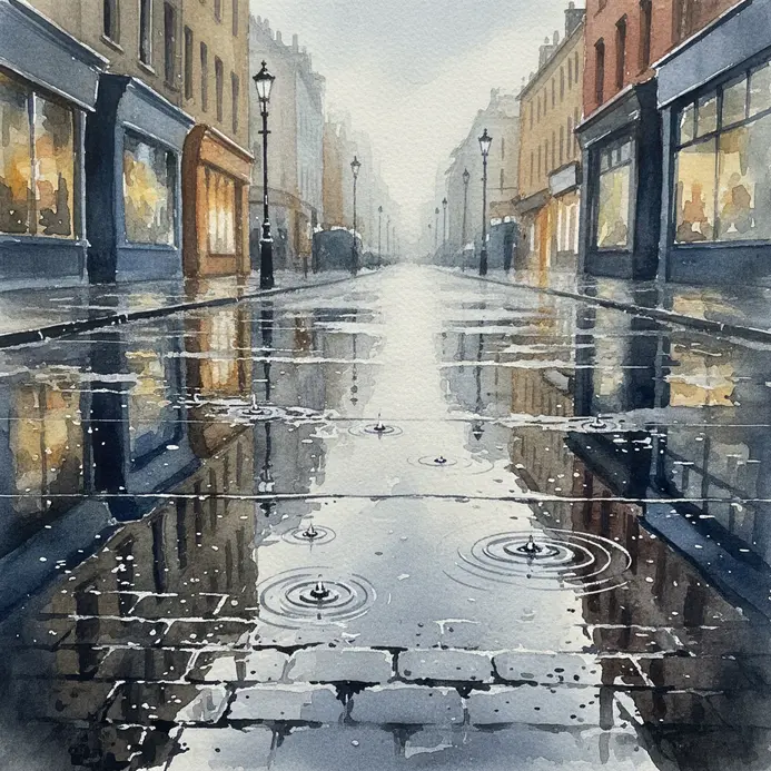 Urban watercolor scene with rain reflections on pavement buildings and wet atmospheric effects