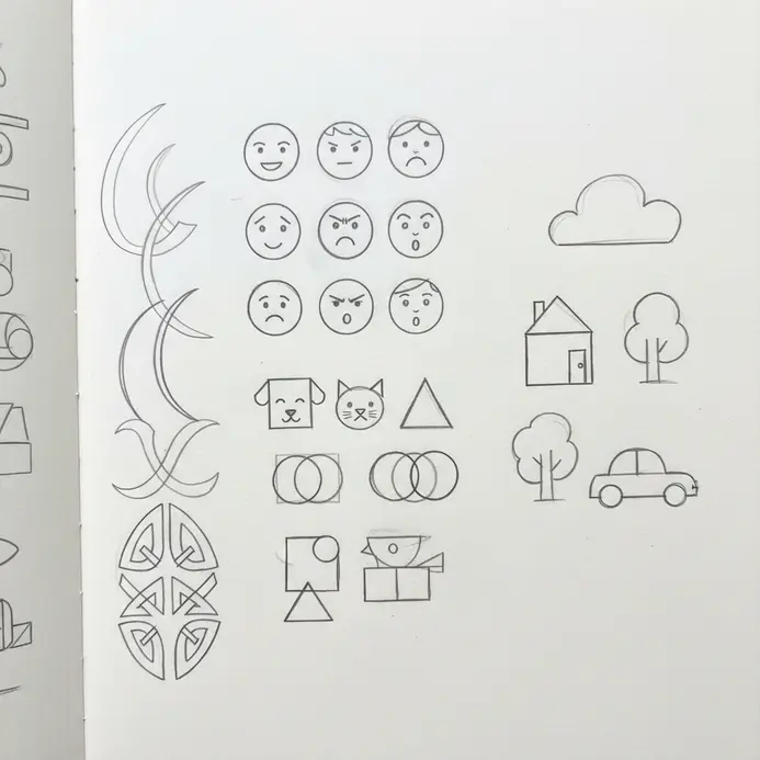 A page of filled-in black silhouettes of objects like a teacup, scissors, and a shoe.