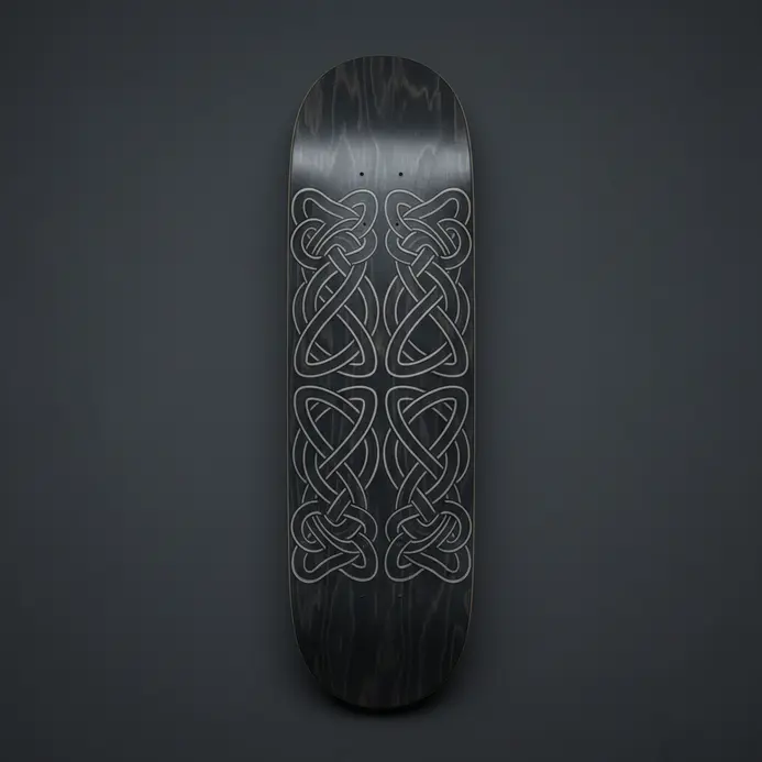 A dark wood skateboard deck with detailed, interlacing Celtic knotwork.