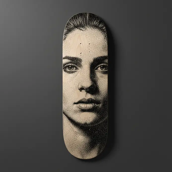 A pointillism skateboard deck graphic of a face made from countless small dots.