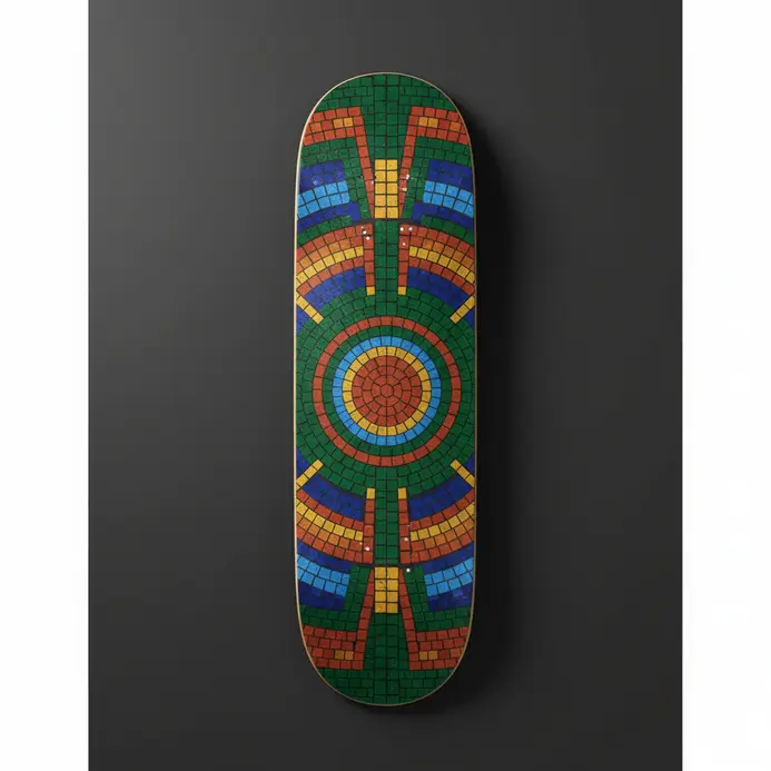 A skateboard deck designed to look like a classical Roman mosaic tile pattern.