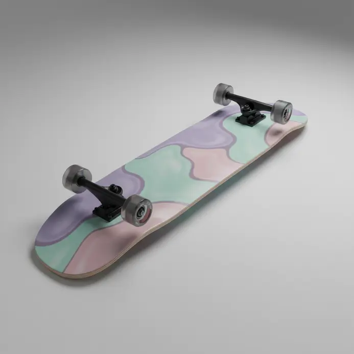 A skateboard deck with smooth, biomorphic organic shapes in pastel colors.