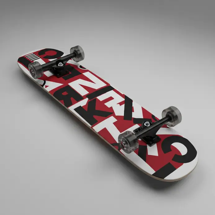 A constructivist skateboard deck with stark, angular typography and geometric shapes.