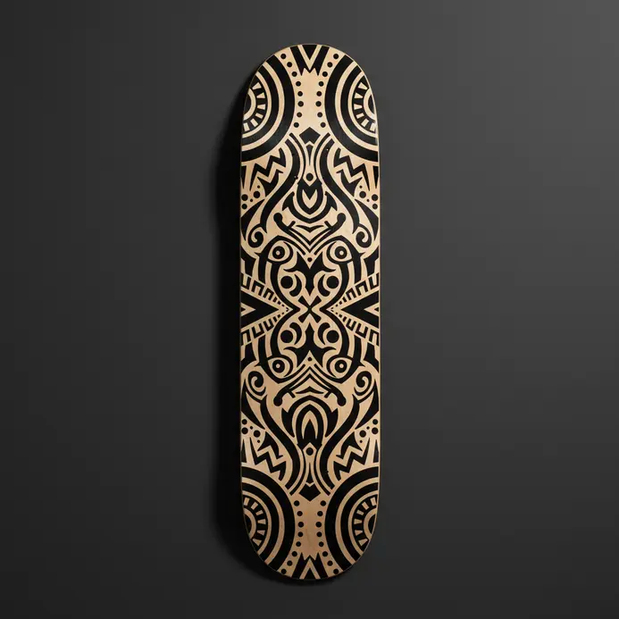A skateboard deck with bold, black tribal patterns integrated into its shape.