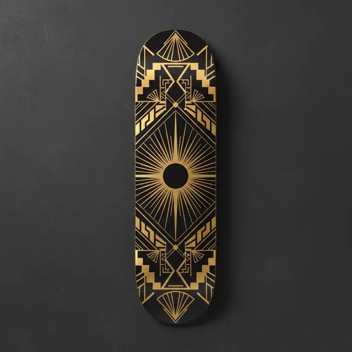 An Art Deco style skateboard deck with geometric sunburst and stepped patterns.