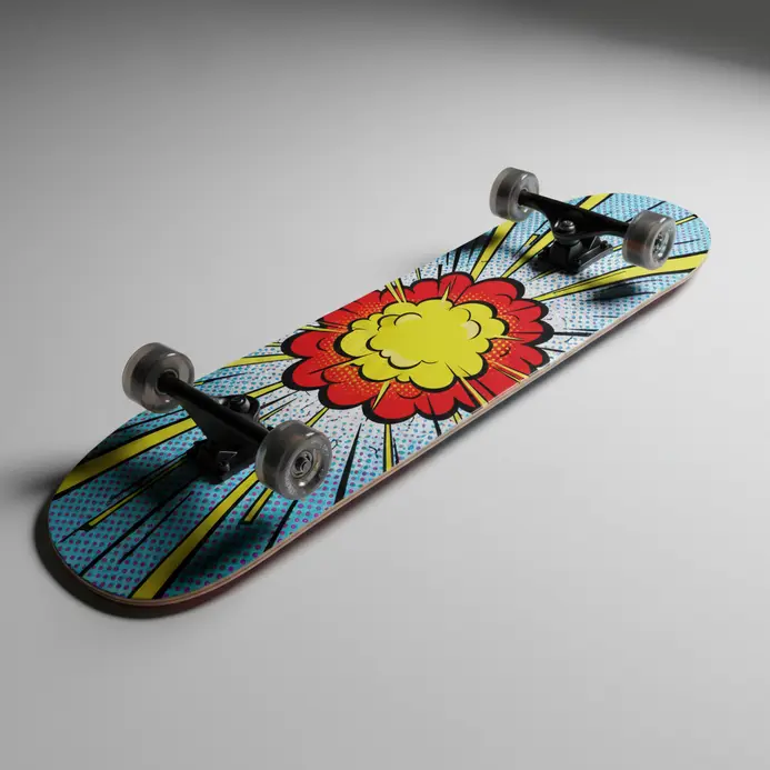 A pop art skateboard deck with comic book style graphics and bright colors.