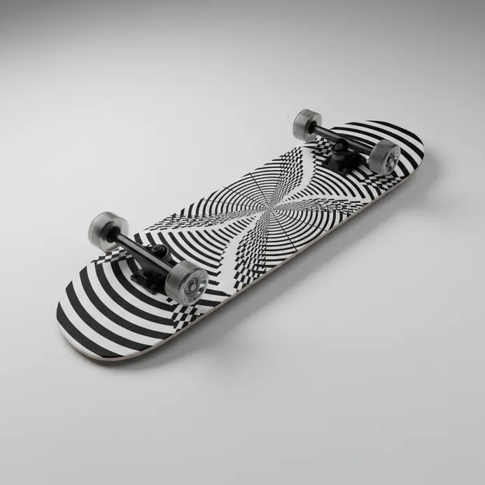 A skateboard deck featuring a black and white geometric optical illusion graphic.