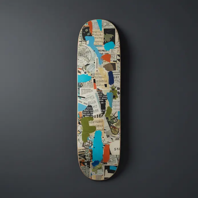 A Dadaist skateboard deck designed as an abstract collage of mixed media elements.