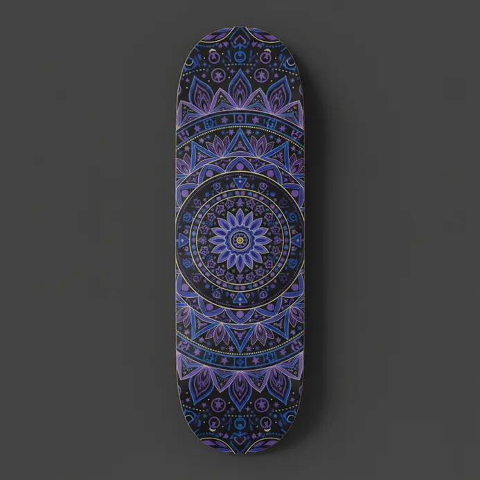 A skateboard deck featuring a detailed, radially symmetrical mandala design.