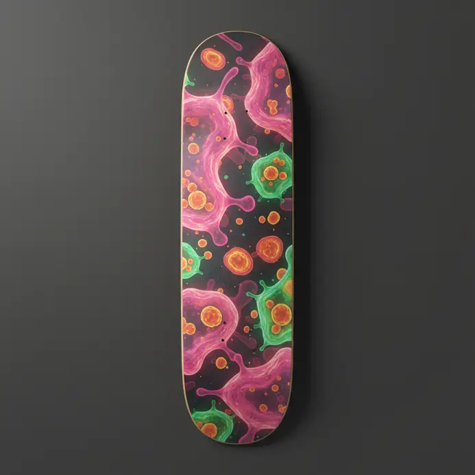 A skateboard deck with a graphic resembling organic microbial or cellular structures.
