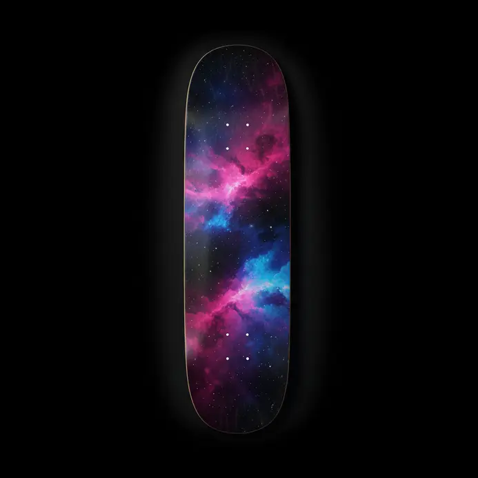 A skateboard deck depicting a colorful cosmic nebula and star field.