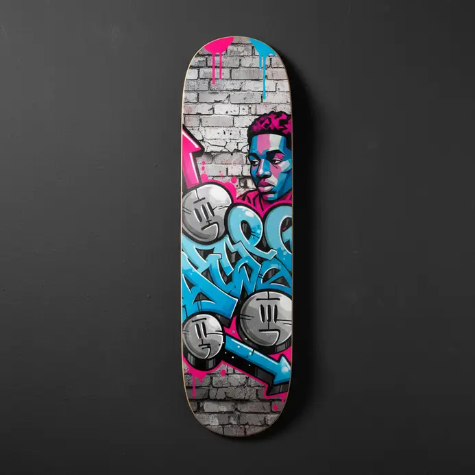 An urban graffiti style skateboard deck with layered spray paint and tags.