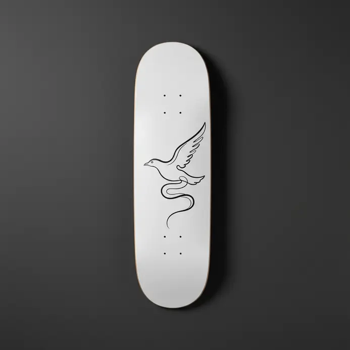 A minimalist white skateboard deck with a simple black line art design.