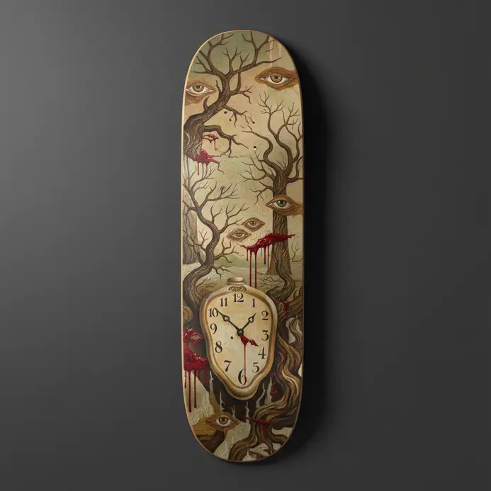 A surrealist skateboard deck graphic depicting a dreamlike landscape with distorted objects.