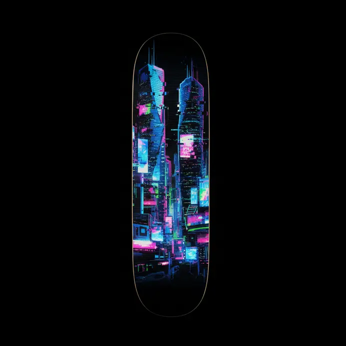 A cyberpunk-themed skateboard deck with glitch art effects and neon colors.