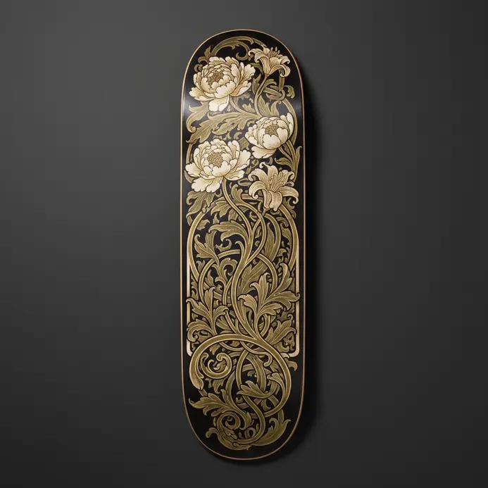 An Art Nouveau inspired skateboard deck with intricate floral and vine graphics.
