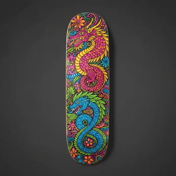 A vibrant skateboard deck painted with Mexican folk art patterns and mythical creatures.