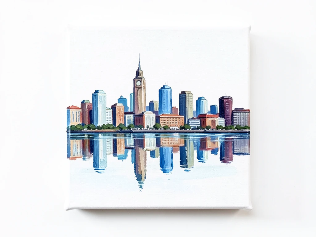 City skyline and its reflection painted in shades of one color