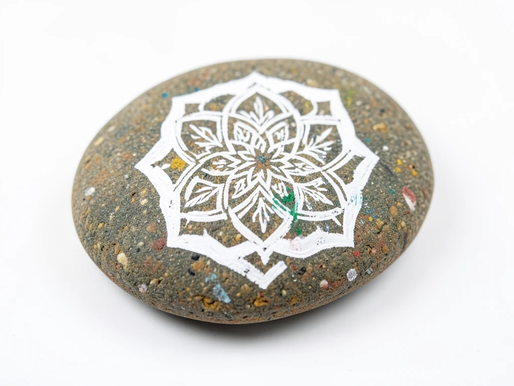 Rock painted with a detailed mandala pattern using a stencil