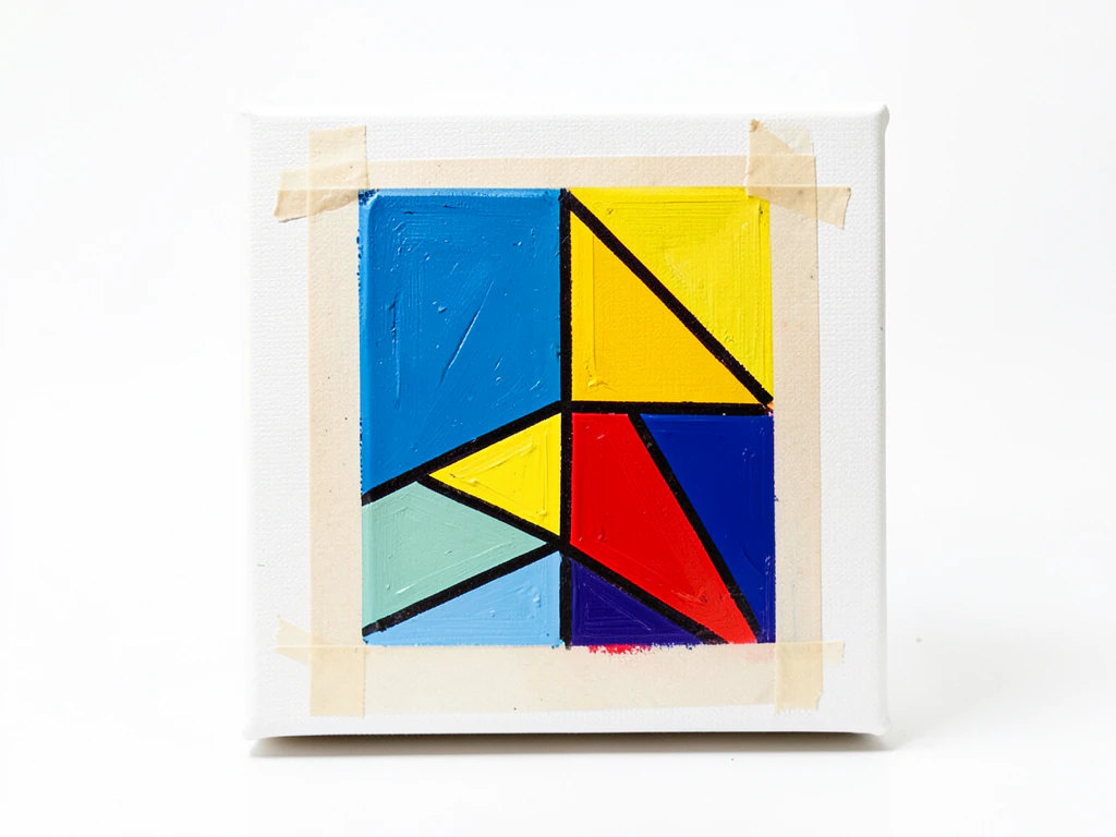 Colorful geometric shapes with clean lines created with masking tape on canvas