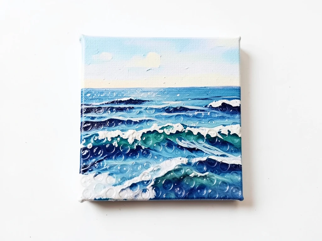 Seascape painting with bubble wrap texture creating foamy waves