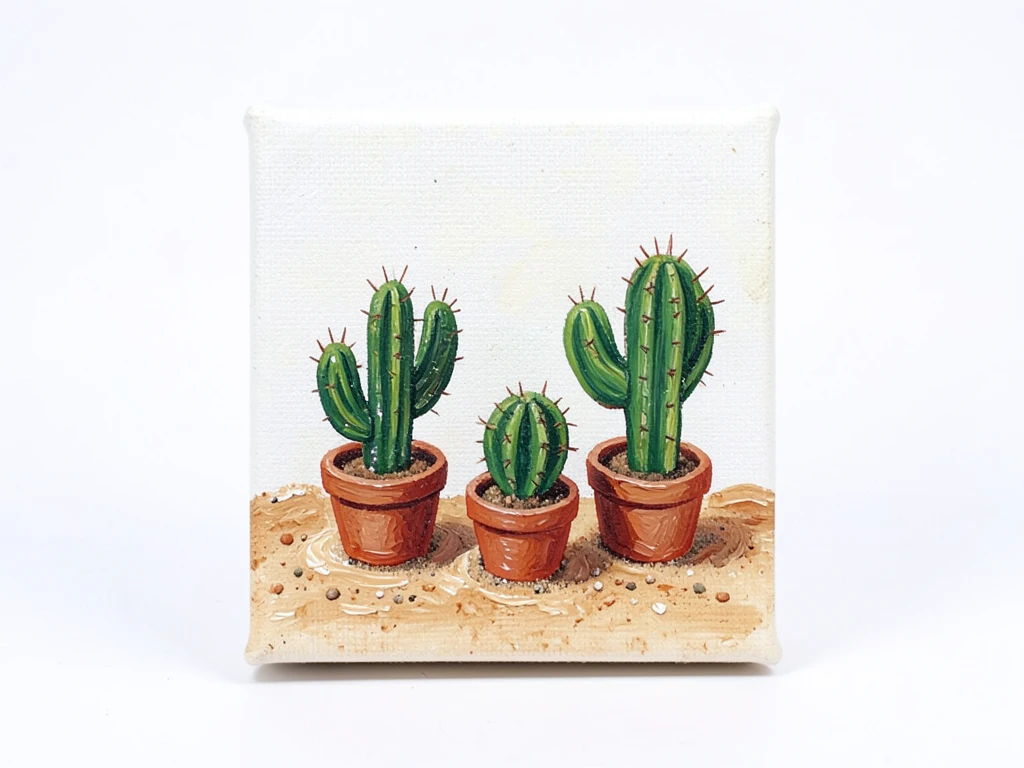 Miniature desert scene with simple cactus shapes and a sunset sky