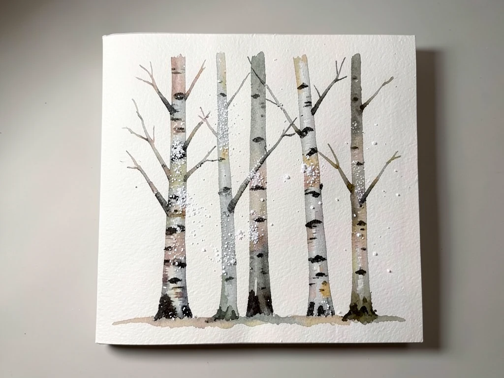 Watercolor birch tree silhouettes with salt texture creating a frosty effect