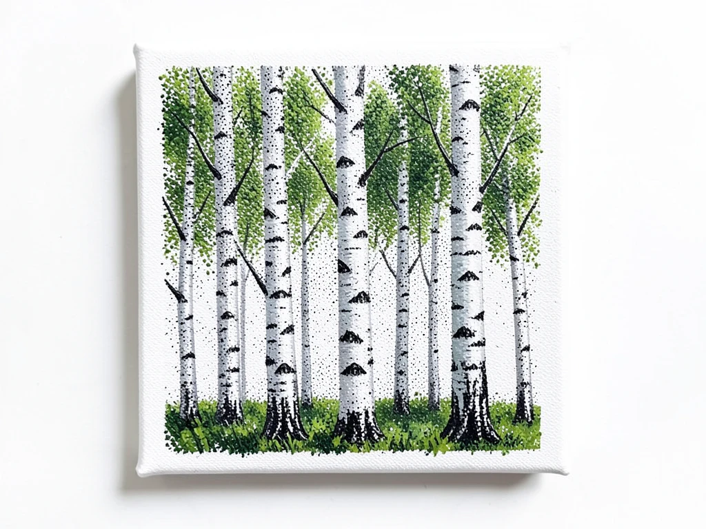 Forest of birch trees created with stippling technique using a brush