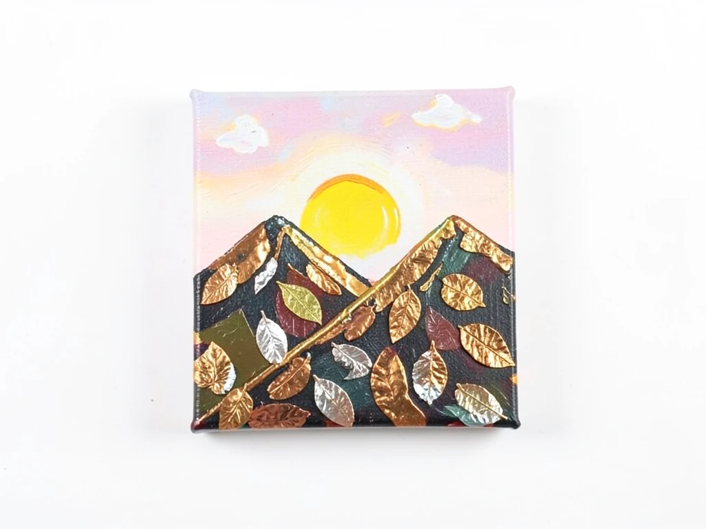 Abstract landscape with metallic leaf accents suggesting mountains and sky