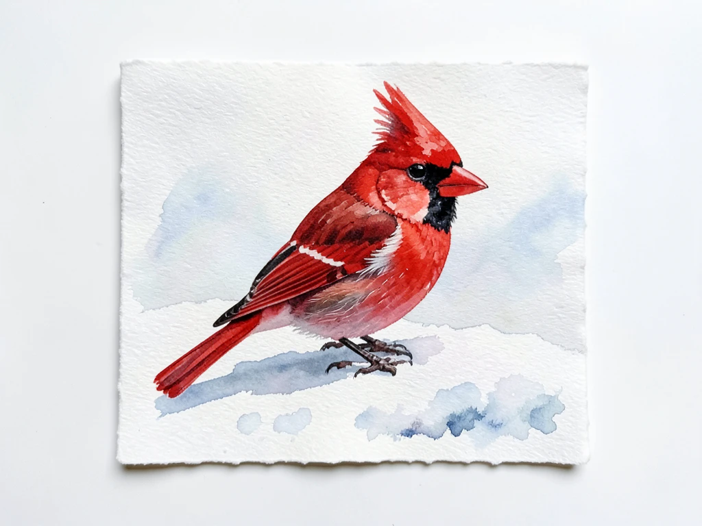 Winter scene with red cardinals and wax-resist snowflakes in watercolor