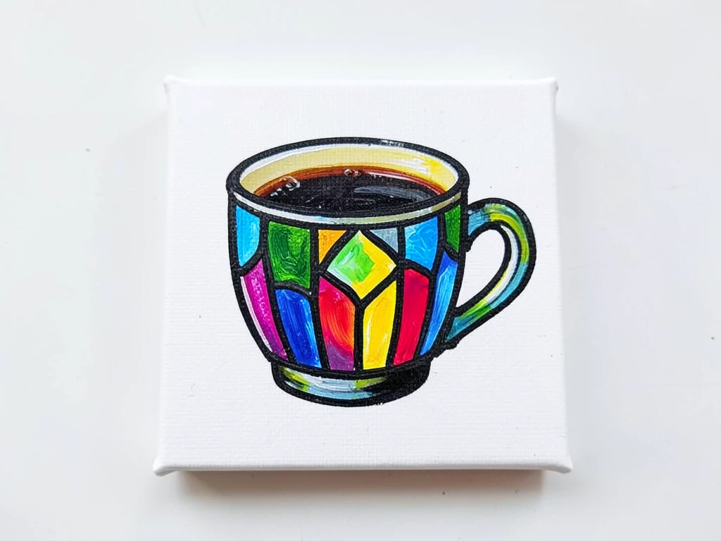 Coffee mug painting with bright stained glass effect and black outlines