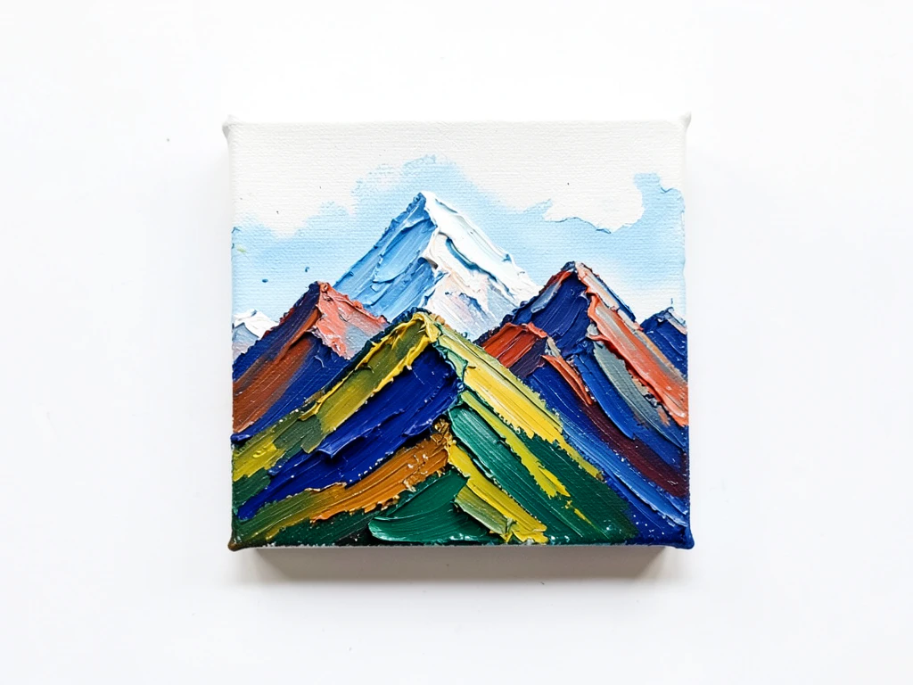 Mountain landscape created with thick palette knife strokes in three colors