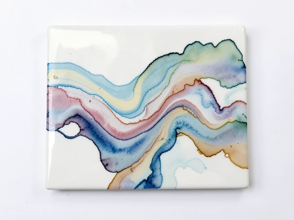Ceramic tile with marbled alcohol ink patterns in swirling colors