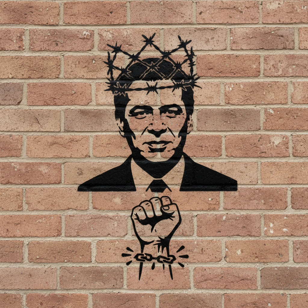 Artistic stencil art acting as political commentary on an urban wall