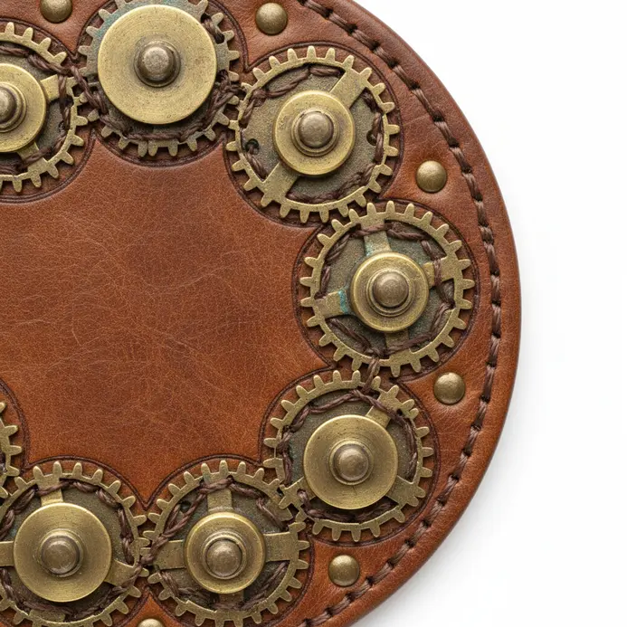 Close-up of brass gears and rivets embedded in a textured leather surface